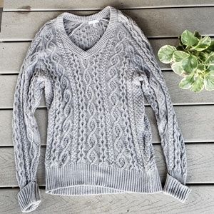 Leith Gray Cable Knit Chunky V Neck Sweater